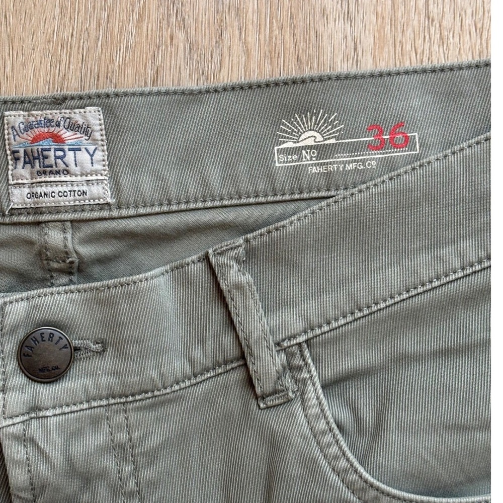 Faherty Brand Men Olive Green Organic Cotton 5-Pocket Straight Pants Size 36 - Picture 10 of 12